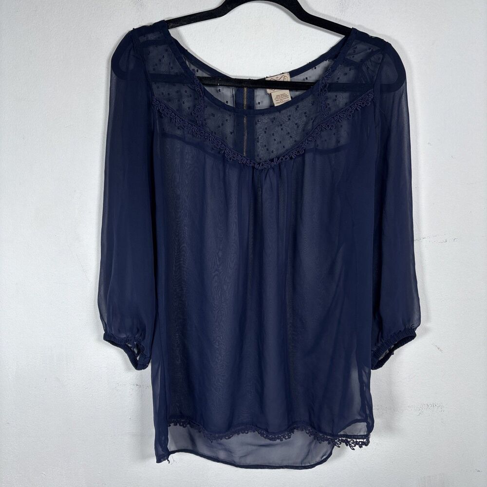 Eyelash Couture Navy Sheer Chiffon Lace Trim Blouse Size Large Boho Romantic Y2K